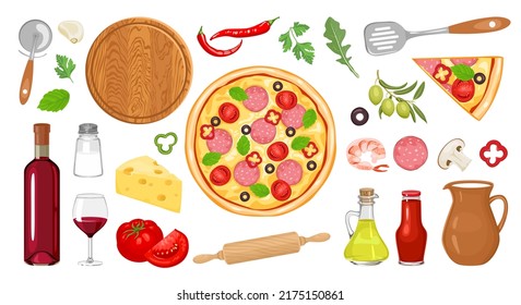 Cartoon pizza, ingredients and kitchen tools set. Collection of vector illustrations of products for cooking pizza.