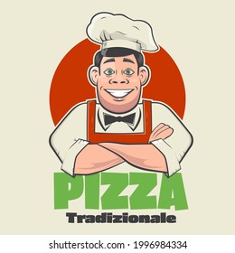 cartoon pizza logo of a happy chef in retro style