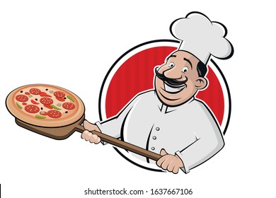 cartoon pizza logo of a serving chef