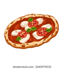 Cartoon pizza Margherita with tomatoes, mozzarella and basil leaves. Isolated vector hand drawn Italian food illustration on for packaging, restaurant menus, stickers, culinary design, decor
