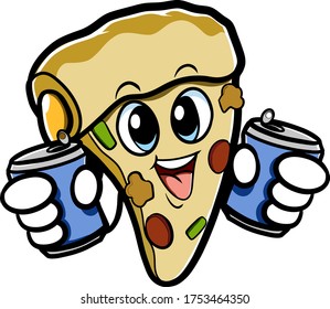 Cartoon Pizza Mascot Holding Drink