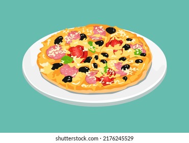 pizza de dibujos animados en el plato. Ilustración vectorial de la comida rápida.