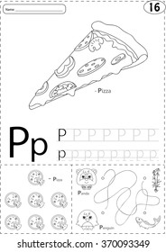 Cartoon pizza, panda and penguin. Alphabet tracing worksheet: writing A-Z, coloring book and educational game for kids