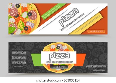 Cartoon Pizza Pizzeria flyer vector background. Two horizontal Pizza web banner with ingredients and text for delivery or restaurant promotion.