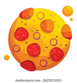 Planeta de pizza de desenhos animados flutuando no espaço, com pepperoni, cebola vermelha e uma superfície brega
