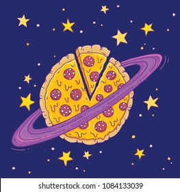 ¡Un planeta de pizza de caricatura! Ilustración vectorial.