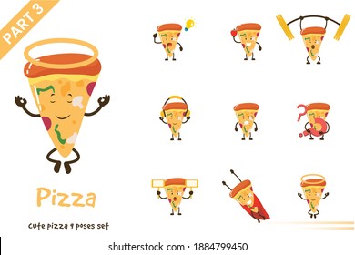 Cartoon pizza poses set. Vector illustration. Isolated on white background.
