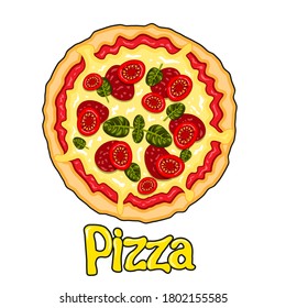 Cartoon pizza round with tomatoes sausage cheese on a white isolated background. Vector image eps 10