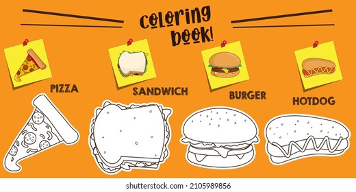 Cartoon pizza, sandwich, burger, and hot dog. Fast food theme. Vector graphic illustrations. Suitable for coloring books for children.