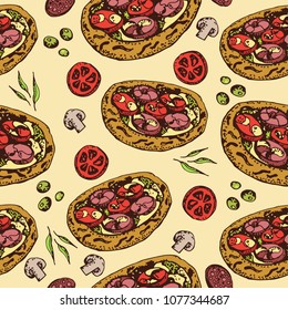 Cartoon  Pizza seamless pattern. Fresh ingredients sausage and tomatoes. Greens and olives.  Traditional Italian food.  Endless hand drawn illustration. For menu design, fabric texture.