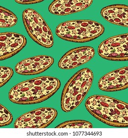 Cartoon  Pizza seamless pattern. Traditional Italian food.  Endless hand drawn illustration. For menu design, fabric texture.