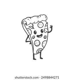 cartoon pizza slice with arms and legs isolated on white background. Doodle style. Vector