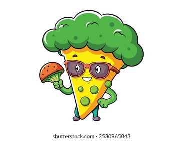 Carácter de rebanada de pizza de dibujos animados con brócoli y champiñones - Ilustración vectorial divertida