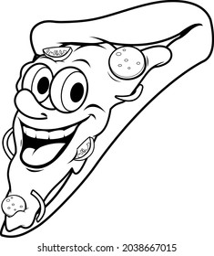 Cartoon pizza slice character. Slice of pizza with cheese, tomato and pepperoni. Happy pizzeria mascot character. Vector black and white coloring page.
