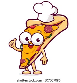 Cartoon pizza slice character with a chef hat. Vector illustration