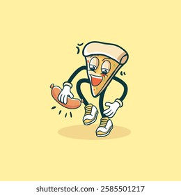 A cartoon pizza slice character joyfully holds a sausage, displaying a happy and playful expression.