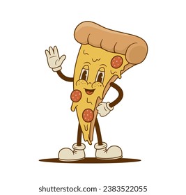 Cartoon pizza slice character in retro groove style. Pizzeria mascot for cafe, restaurant. Vector illustration. Nostalgia 60s, 70s, 80s