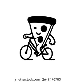 A cartoon pizza slice character rides a bicycle
