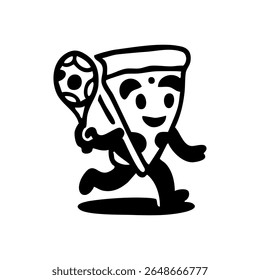 Cartoon pizza slice character running with a soccer ball