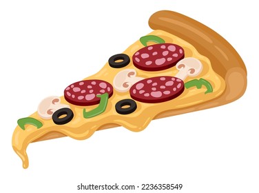 Cartoon pizza slice. Delicious cheese pizza with pepperoni and mushrooms, tasty fast food dish flat vector illustration on white background