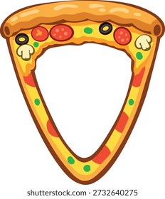 Cartoon pizza slice frame with melted cheese, pepperoni, olives, mushrooms, and basil, forming a playful food border with an empty center for text or images.