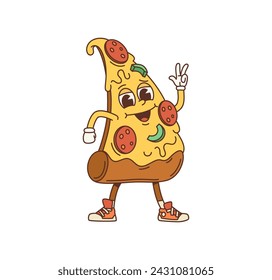 Cartoon pizza slice groovy character. Isolated vector fast food personage with pepperoni topping, psychedelic smile and funky cheese drips, showing peace gesture, brings flavor and fun to any party