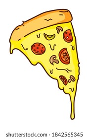 Rebanada de pizza de dibujos animados con queso fundido aislado en blanco