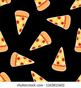 Cartoon pizza slice on black background. Seamless vector pattern