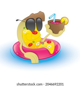 Cartoon of a pizza slice on holliday floating in the pool with a cocktail
