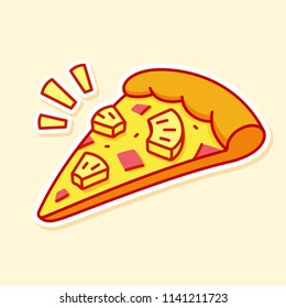 Cartoon pizza slice with pineapple and ham (Hawaiian pizza). Isolated vector clip art illustration.