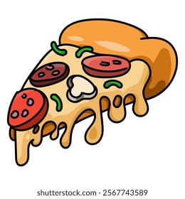 Cartoon Pizza slice. Pizza with sausage, mushrooms, tomatoes and cheese. Vector illustration isolated on white background.