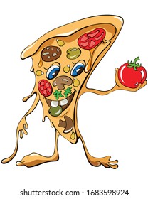 Cartoon pizza slice with sausage and vegetables holding a red tomato
