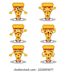 Cartoon pizza slice set with different type of emotions.