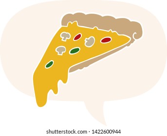 cartoon pizza slice with speech bubble in retro style