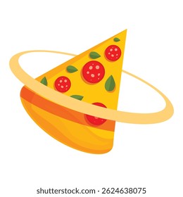 Cartoon pizza slice spinning in space like a planet with ring, fast food delivery concept
