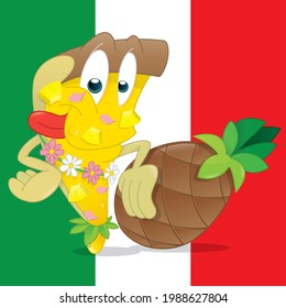 cartoon of a Pizza slice hawaï style with a pineapple