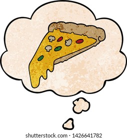 fatia de pizza de desenho animado com bolha de pensamento no estilo de textura grunge
