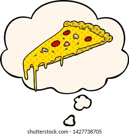 cartoon pizza slice with thought bubble in comic book style