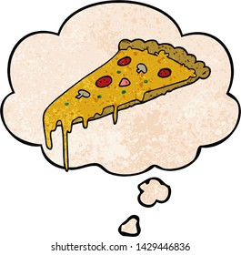 cartoon pizza slice with thought bubble in grunge texture style
