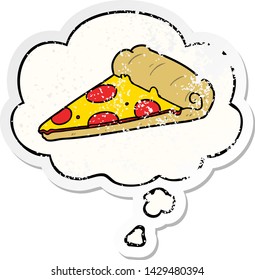 porción de pizza de dibujos animados con burbuja de pensamiento como pegatina gastada angustiada