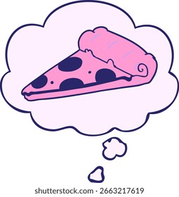 Rebanada de pizza de dibujos animados con burbuja de pensamiento en color neón brillante