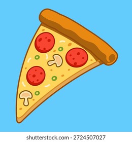 Desenho Animado Pizza Slice Vetor Illustration com Contorno Negrito. Este gráfico de fast food vibrante é perfeito para menus de pizzaria, marca de restaurante italiano, projetos de refeições infantis, anúncios de entrega de alimentos e conteúdo digital alegre.