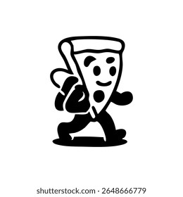 A cartoon pizza slice, walking with a backpack, has a happy expression