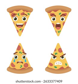 Cartoon pizza slices with expressive faces showing emotions like happy, angry, sad, and surprised, topped with pepperoni and vegetables.