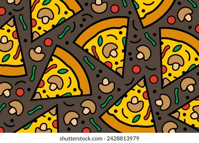 Cartoon pizza slices pattern. Delicious background with pizza vector illustration.