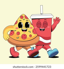 Cartoon pizza and soda cup walking together