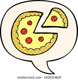 cartoon pizza with speech bubble in comic book style