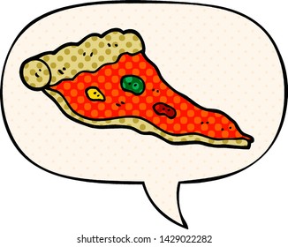 cartoon pizza with speech bubble in comic book style