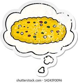 pizza de dibujos animados con burbuja de pensamiento como pegatina gastada angustiada