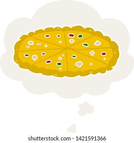 cartoon pizza with thought bubble in retro style